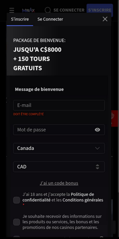 Mirax Casino Registration Process Image 1