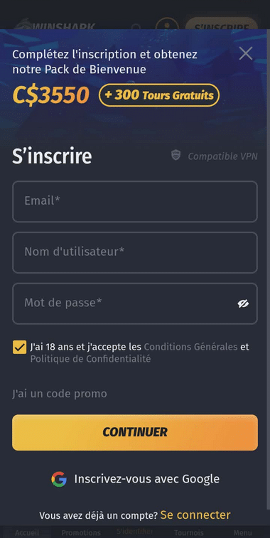 WinShark Casino Registration Process Image 1