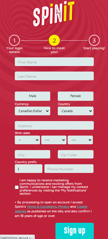 Spinit Casino Registration Process Image 2