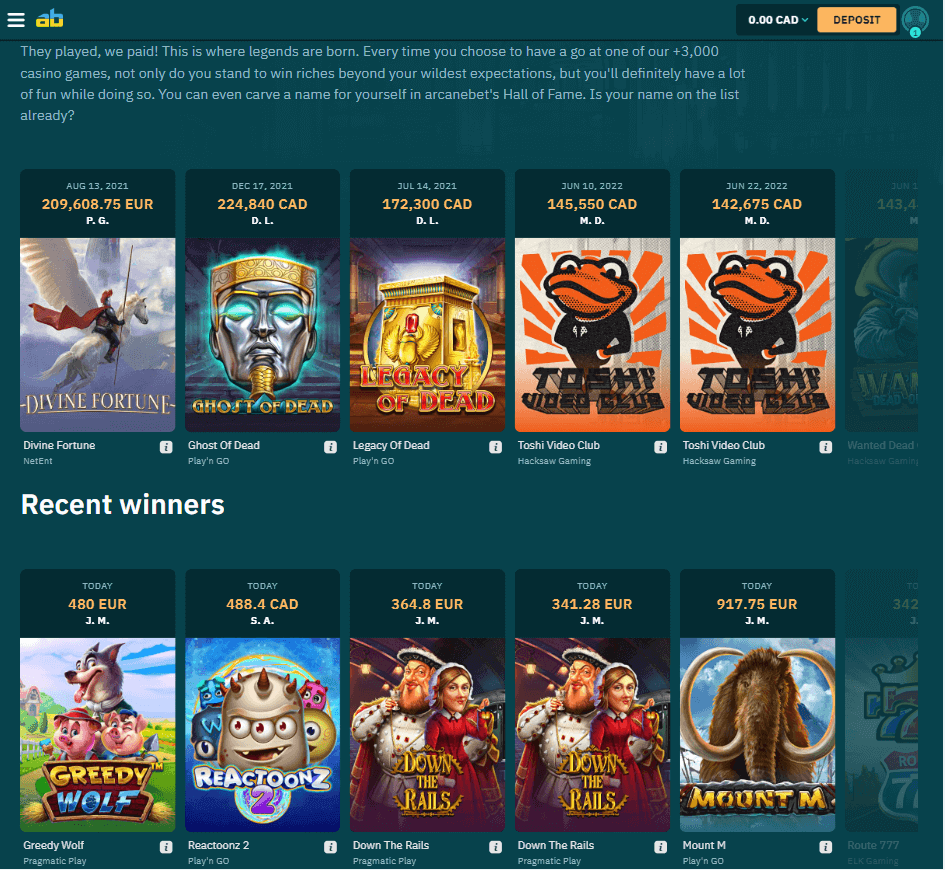 Arcanebet Casino Desktop Preview 2