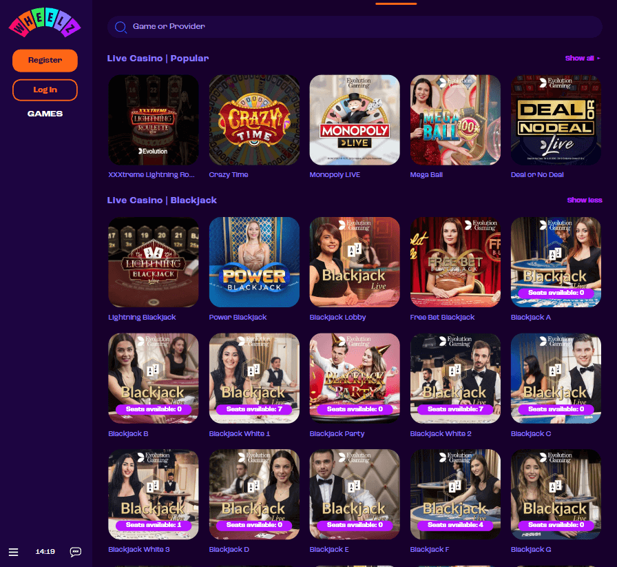 Wheelz Casino Desktop Preview 2