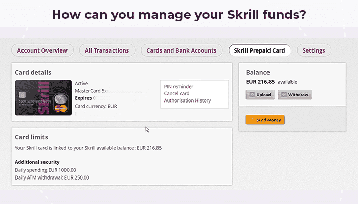 Manage Skrill funds