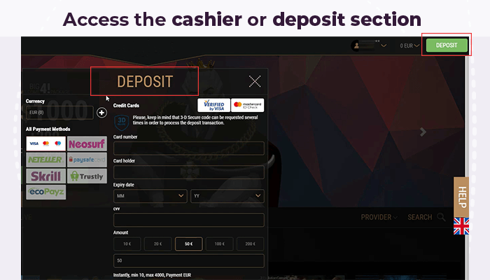 Cashier or Deposit section casino web