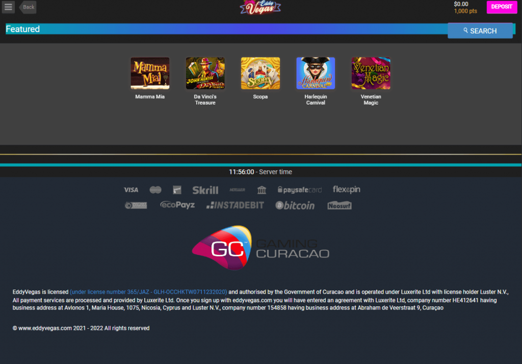 EddyVegas Casino Desktop Preview 2