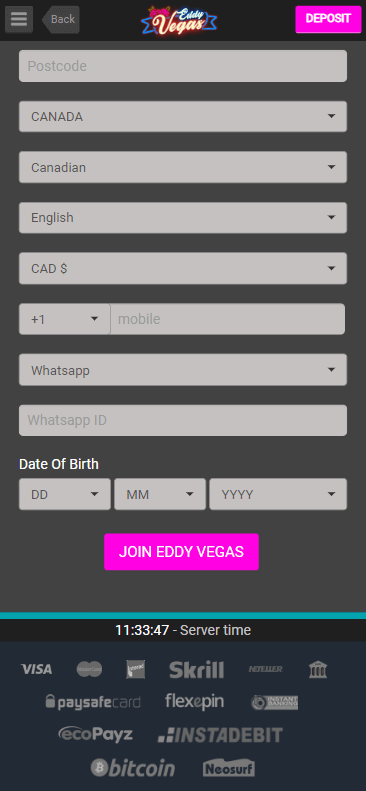 EddyVegas Casino Registration Process Image 3