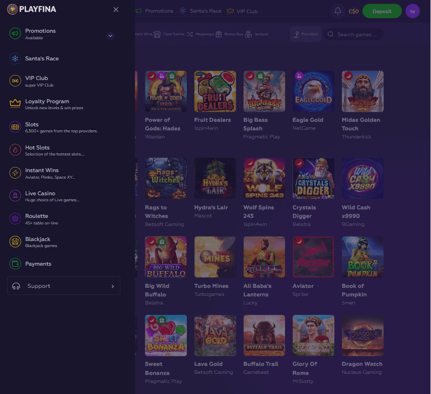 Playfina Casino Desktop Preview 2