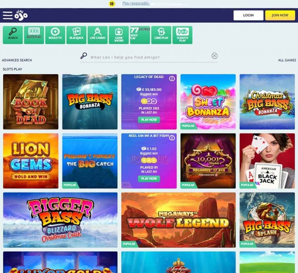 PlayOjo Casino Desktop Preview 2
