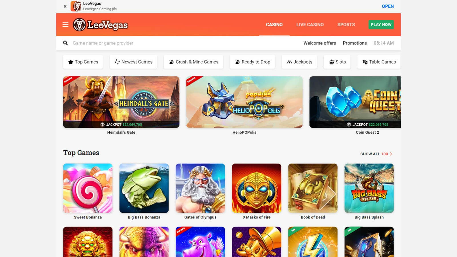 LeoVegas #2. Best Canadian online casino for high slot payouts