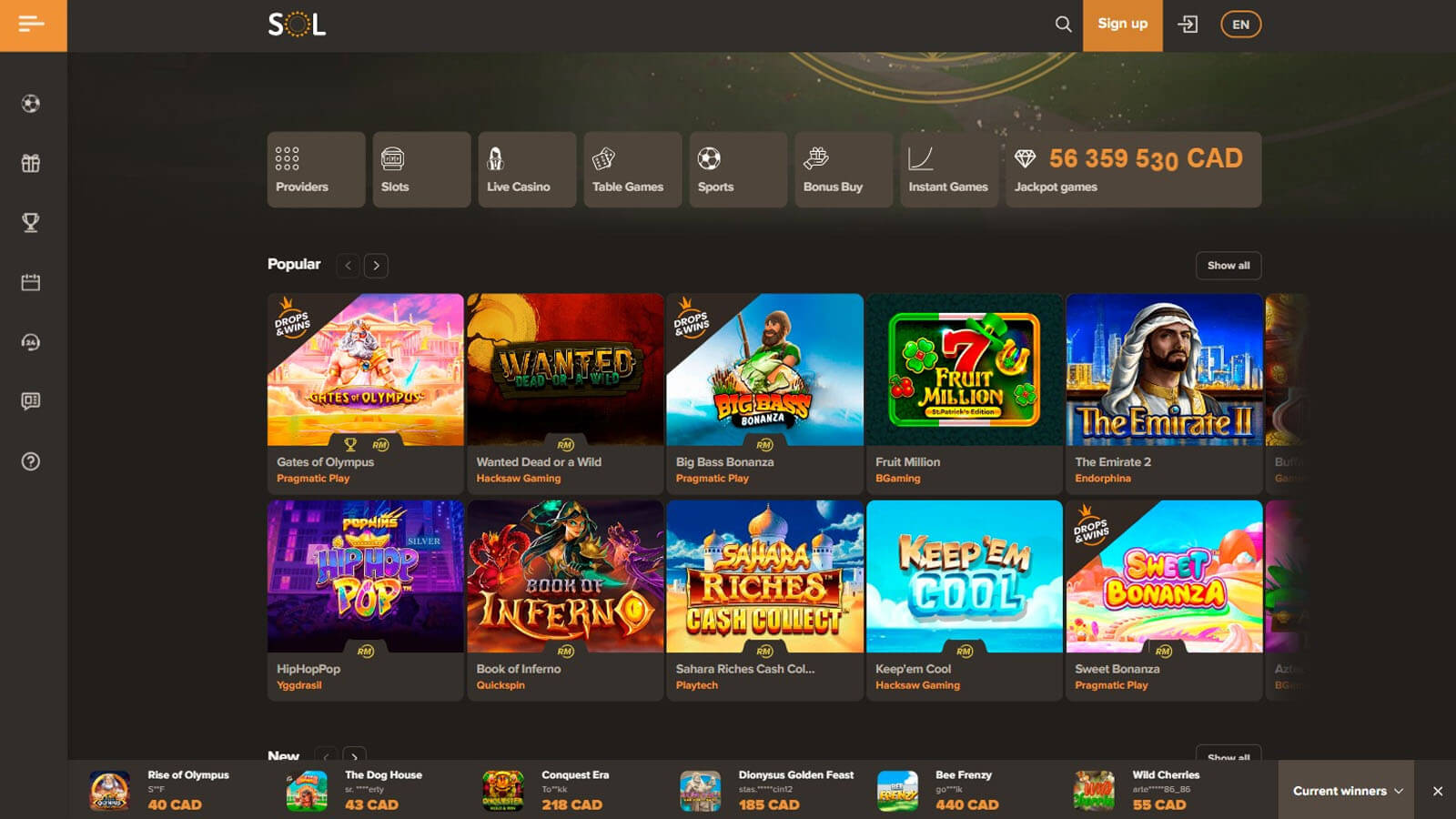 Sol Casino #3. Best casino online Canada site for Playtech live games
