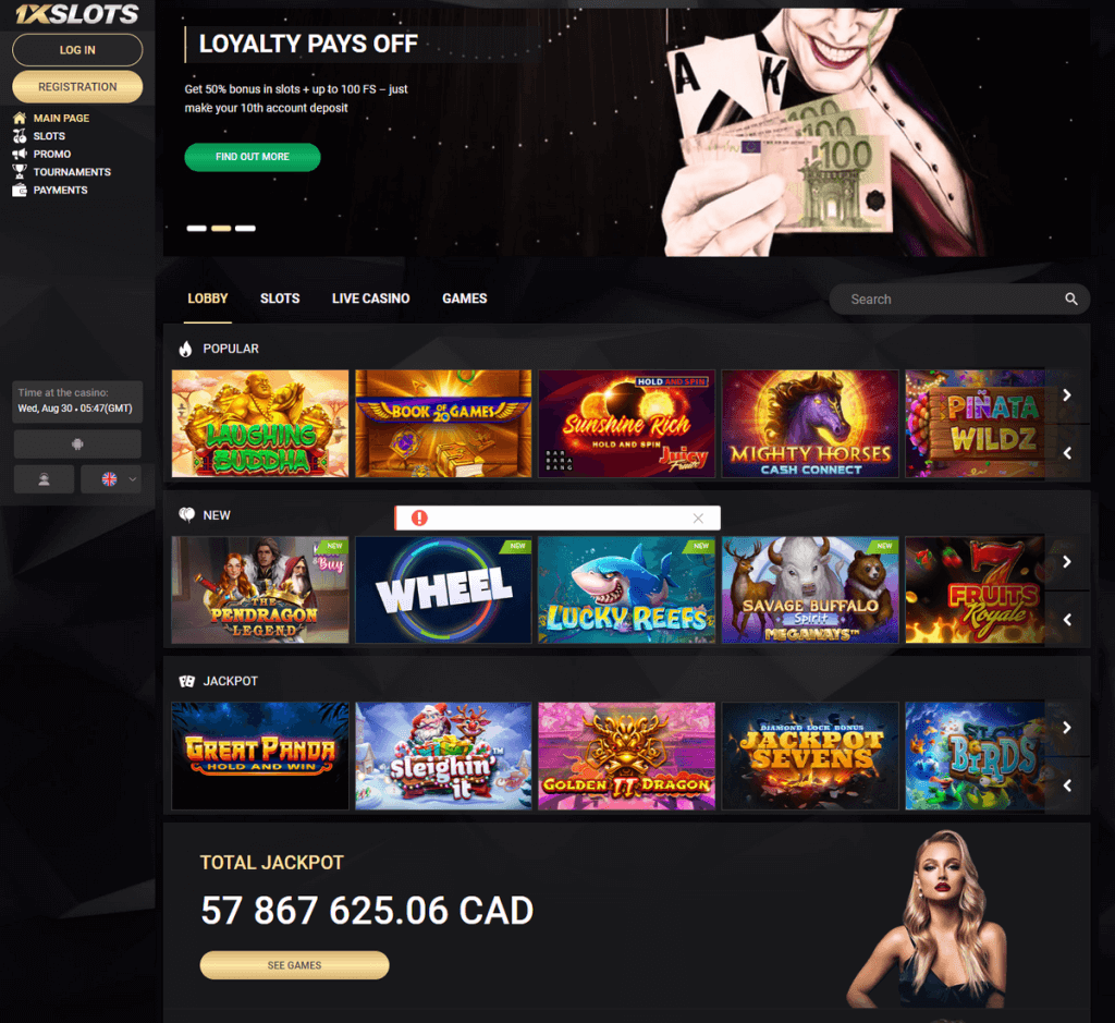 1xSlots Casino Desktop Preview 2