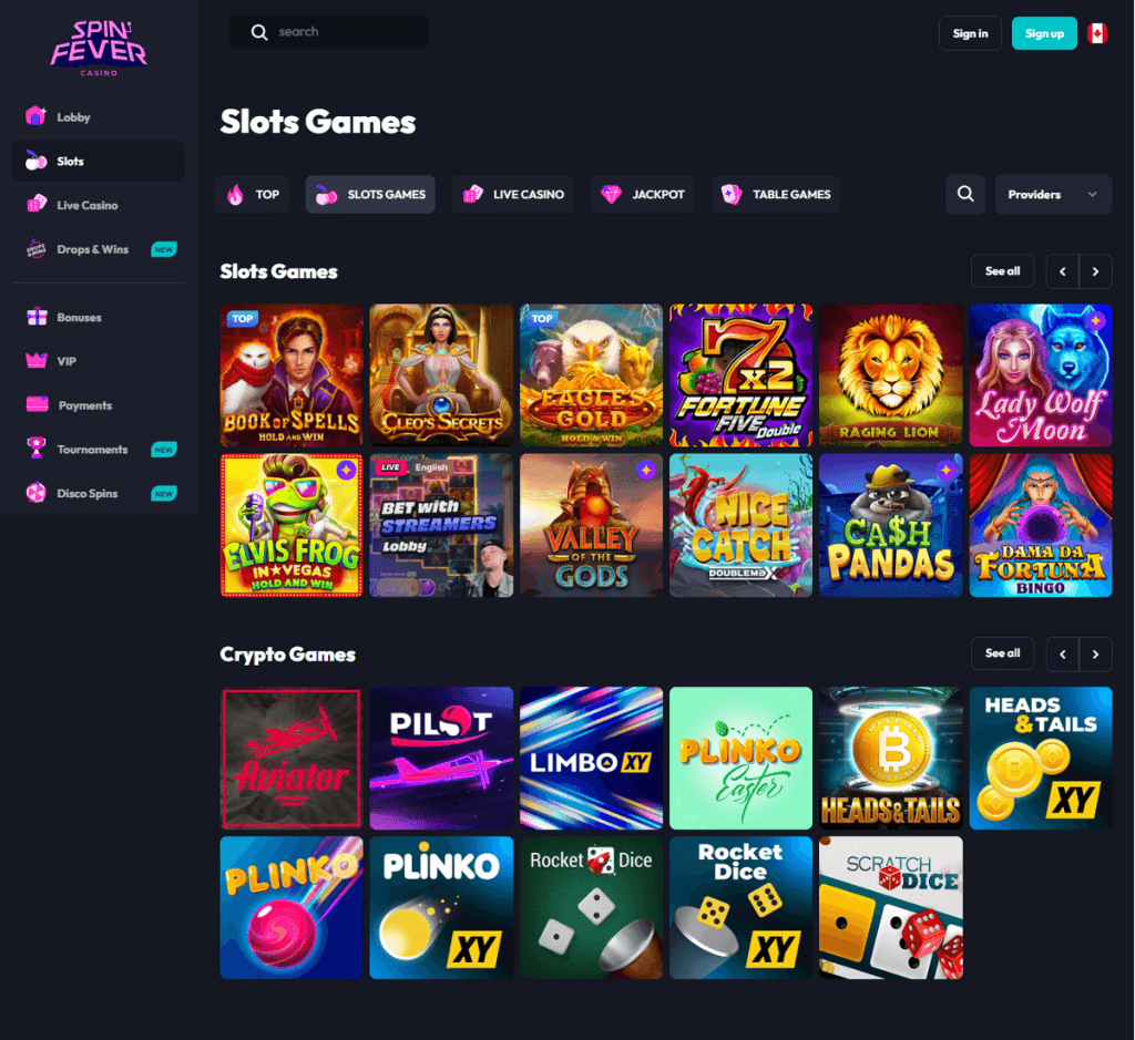 SpinFever Casino Desktop Preview 1
