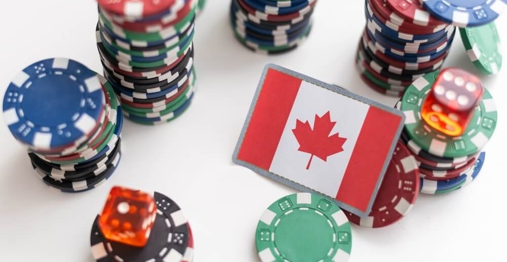 A Canadian flag with casino chips