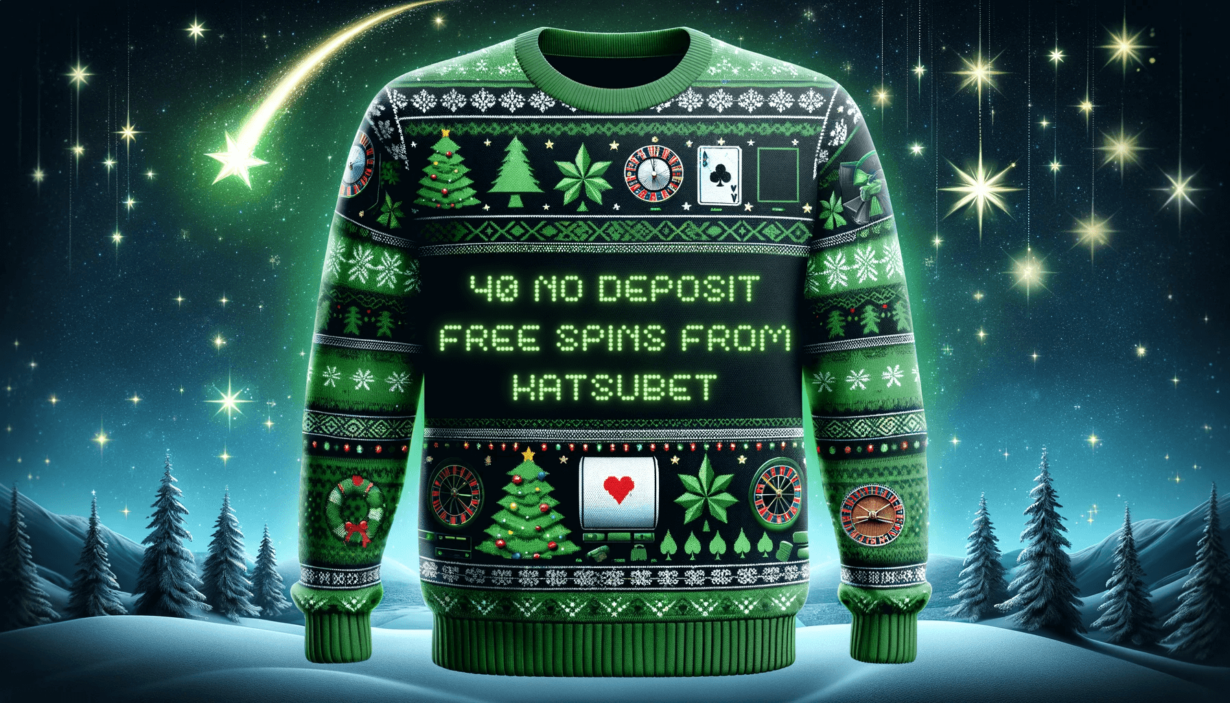 A christmas sweater bearing the message: 40 No deposit free spins from Katsubet
