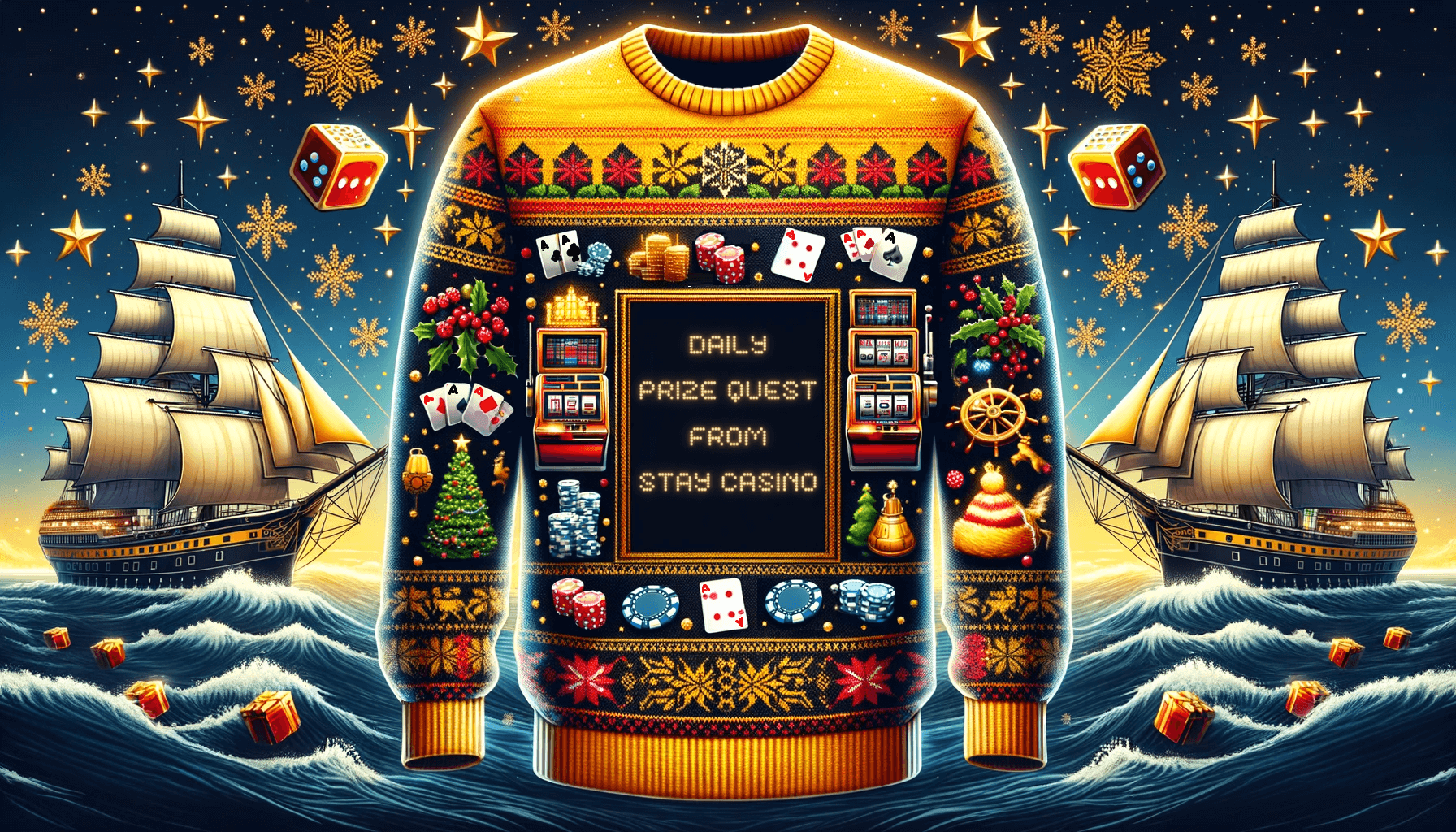 A Christmas sweater bearing the message: daily prize quest from Stay Casino