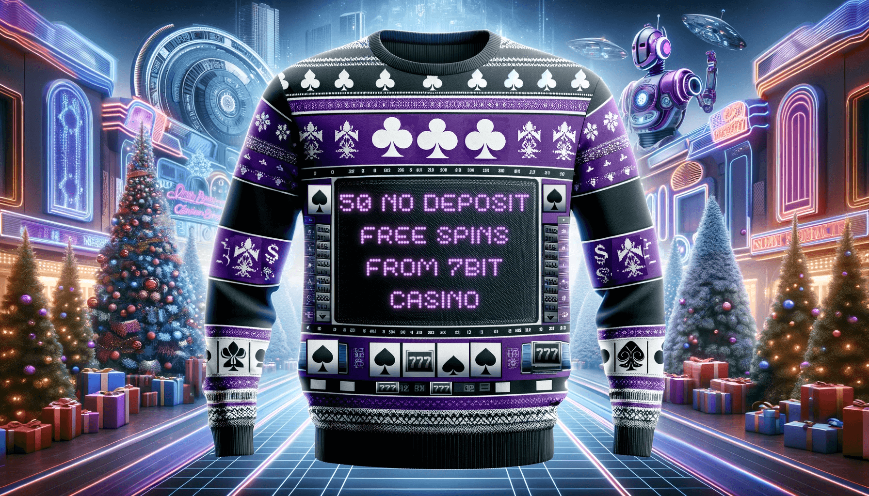 A Christmas sweater bears the message: 50 No Deposit Free Spins from 7Bit Casino