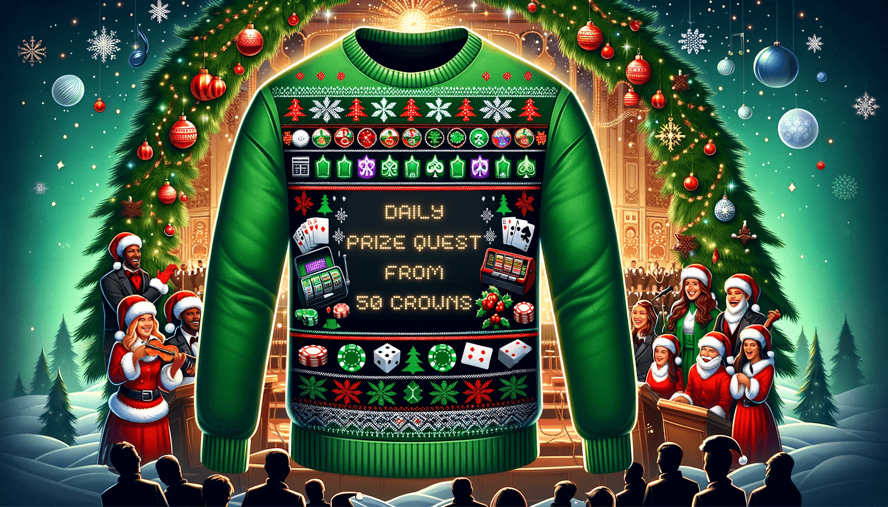 A Christmas sweater bears the message: Daily Prize Quest from 50 Crowns