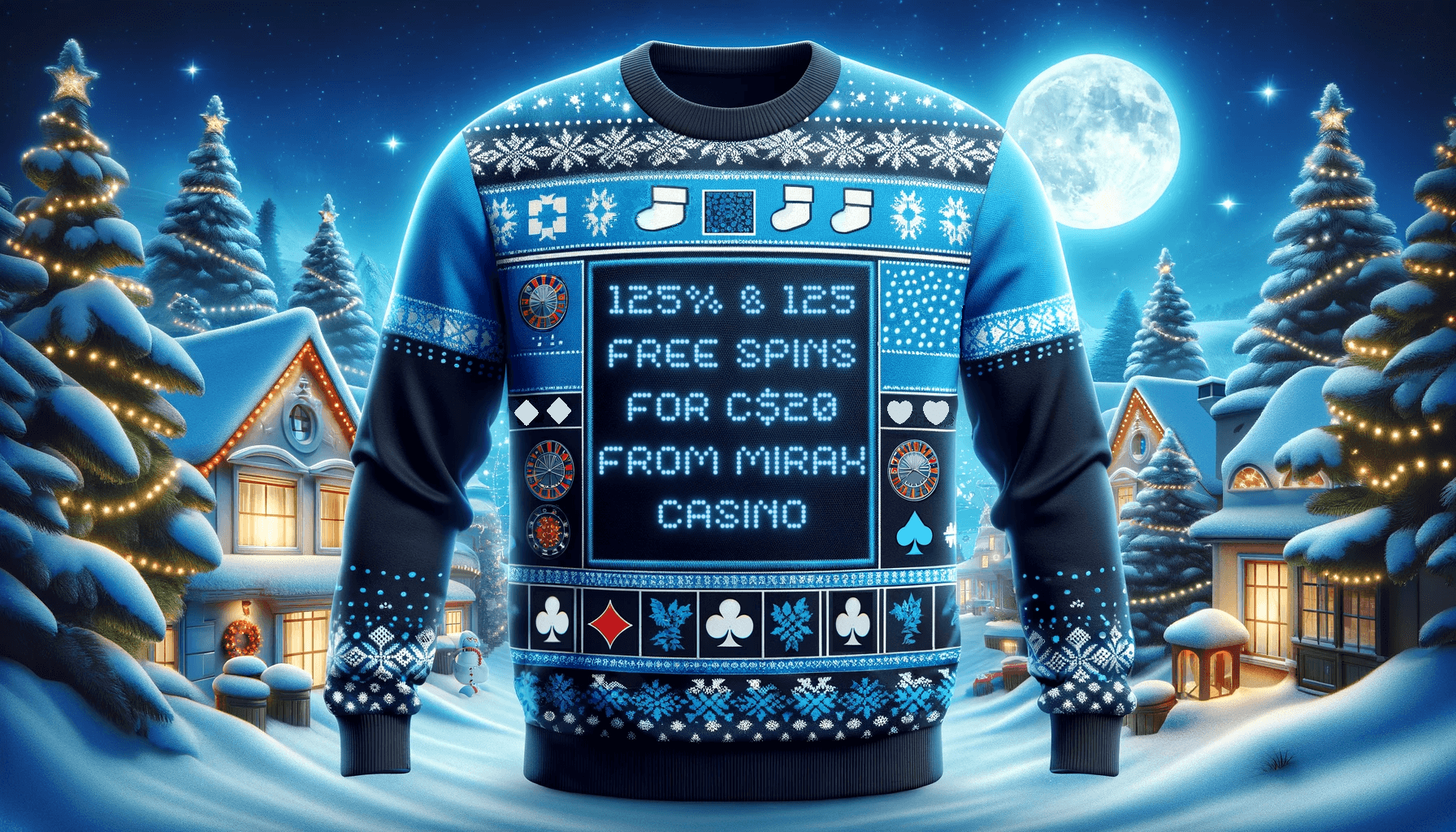 A Christmas sweater bears the message: 125% and 125 Free Spins for C$20 from Mirax Casino