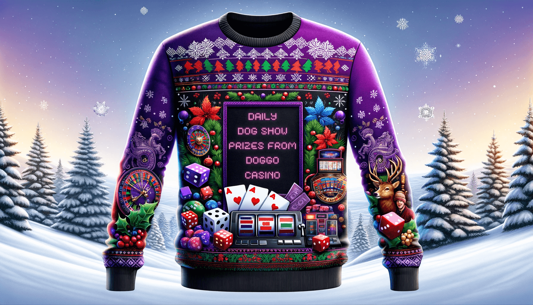 A Christmas sweater bears the message: Daily Dog Show Prizes from Doggo Casino