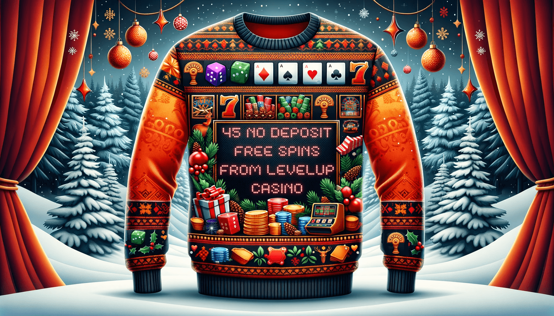 A christmas sweater bears the message: 45 No Deposit Free Spins at LevelUp Casino