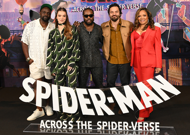 Brian Tyree Henry, Hailee Steinfeld, Shameik Moore, Jake Johnson, and Lauren Vélez attend the photocall for Spider-Man Across the Spider Verse