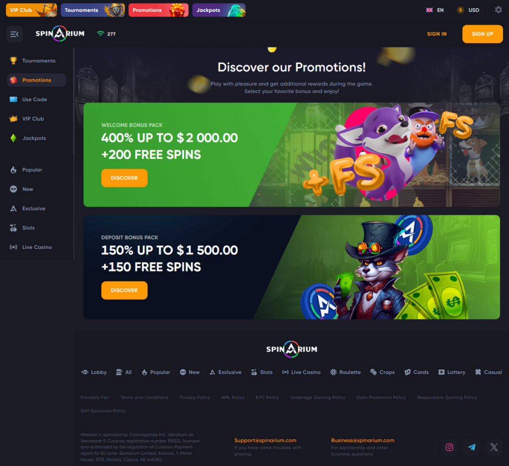 Spinarium Casino Desktop Preview 2