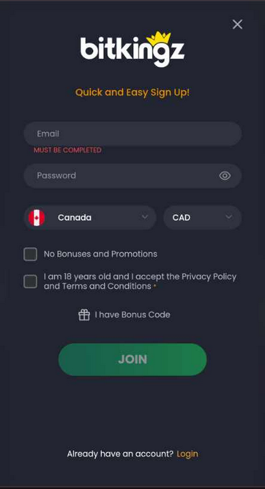 Bitkingz Casino Registration Process Image 1