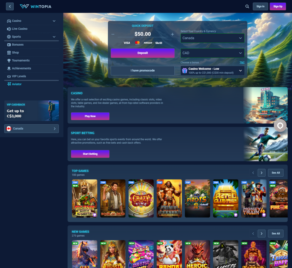 Wintopia Casino Desktop Preview 1