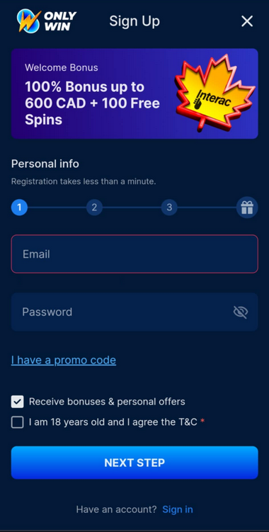 OnlyWin Casino Registration Process Image 1