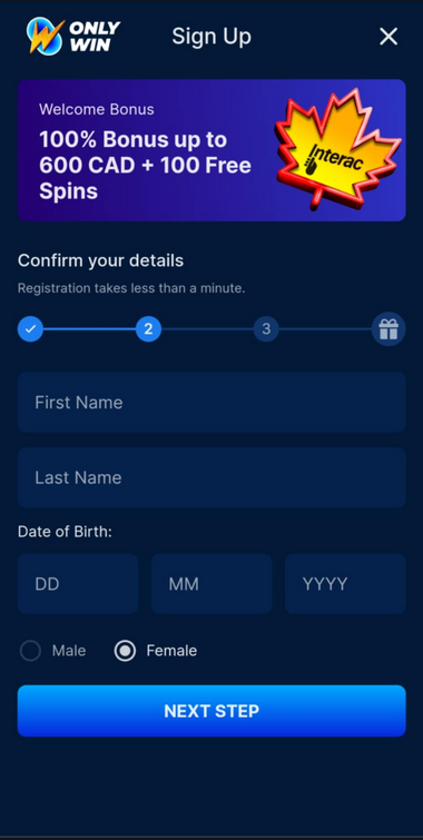 OnlyWin Casino Registration Process Image 2