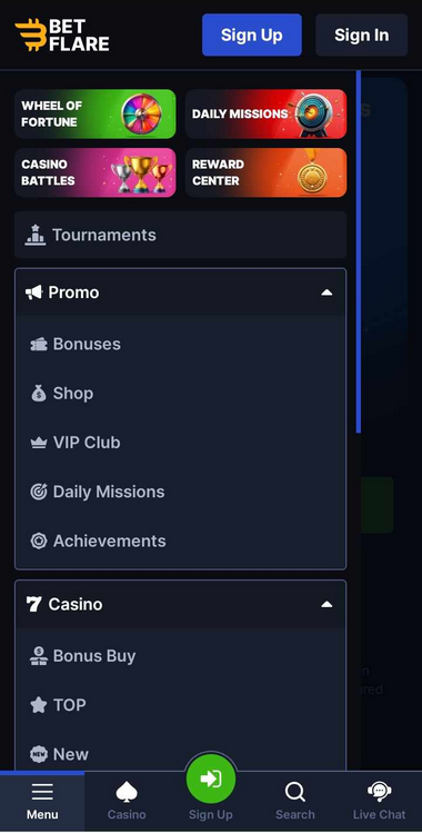 Betflare Casino Mobile Preview 1