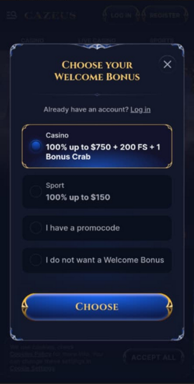 Cazeus Casino Registration Process Image 1