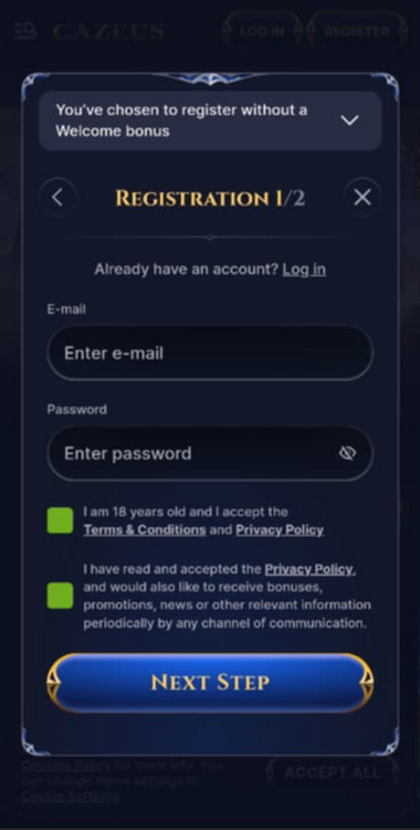 Cazeus Casino Registration Process Image 2