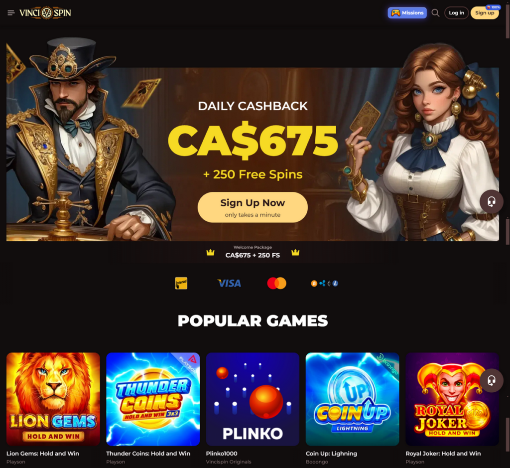 Vincispin Casino Desktop Preview 1