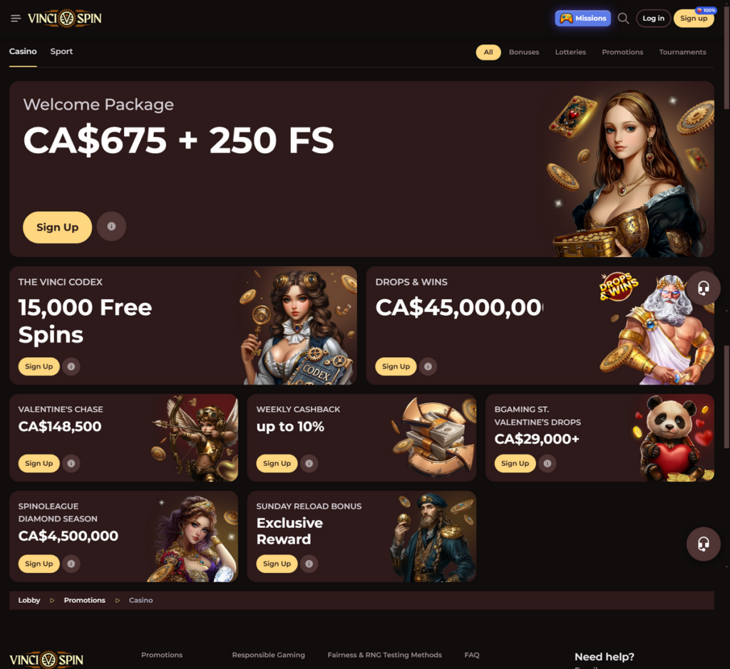 Vincispin Casino Desktop Preview 2