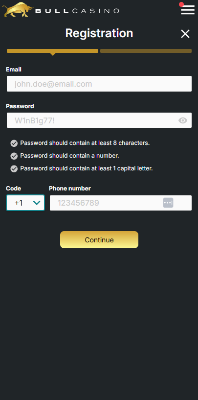 Bull Casino Registration Process Image 1