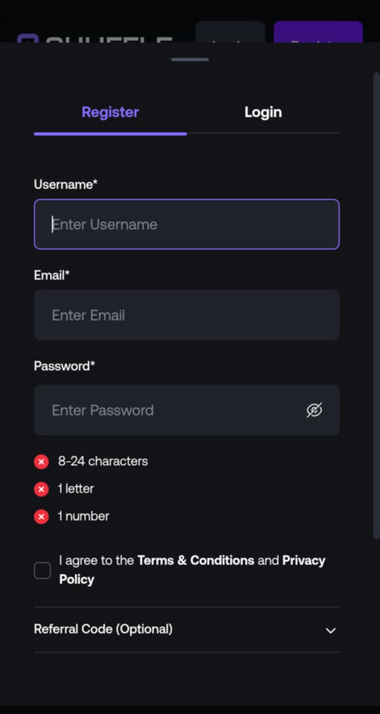 Shuffle Casino Registration Process Image 1