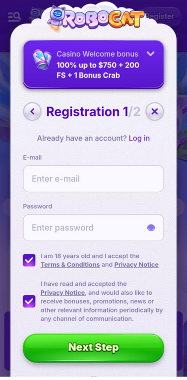 RoboCat Casino Registration Process Image 1