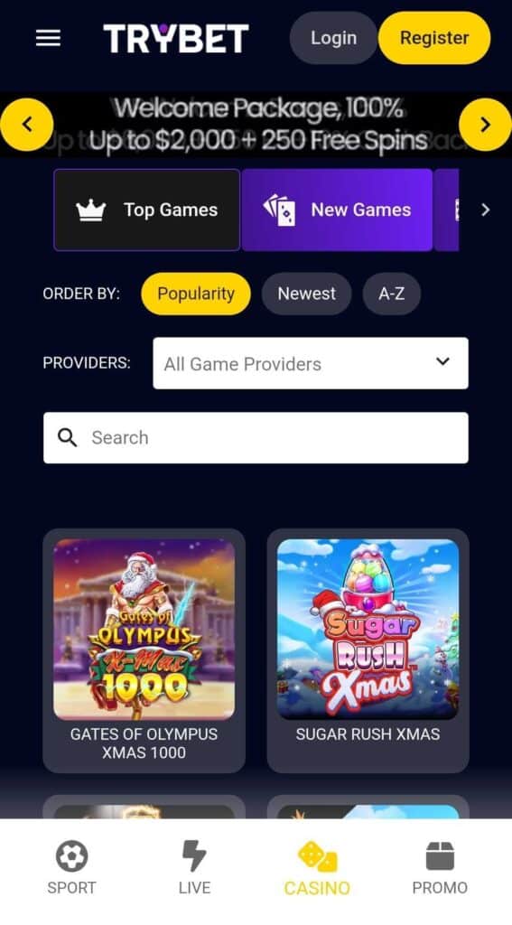 Trybet Casino Mobile Preview 1
