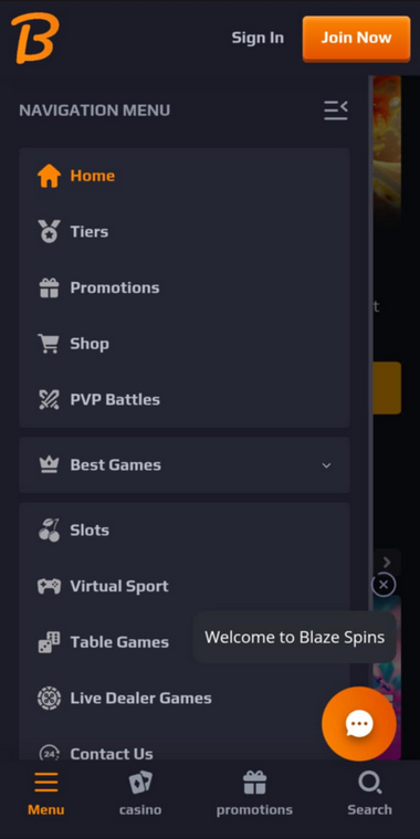 Blaze Spins Casino Mobile Preview 1