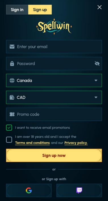 SpellWin Casino Registration Process Image 1
