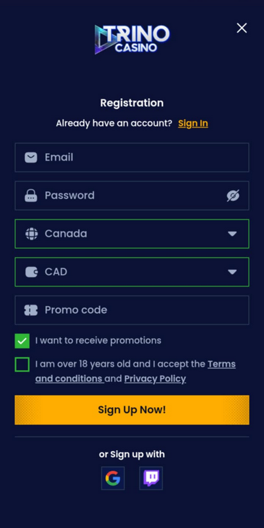 Trino Casino Registration Process Image 1