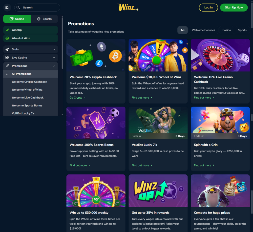 Winz.io Casino Desktop Preview 2