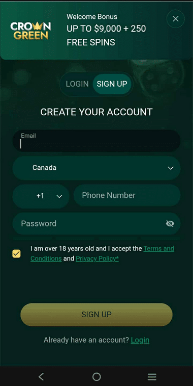 Crowngreen Casino Registration Process Image 1