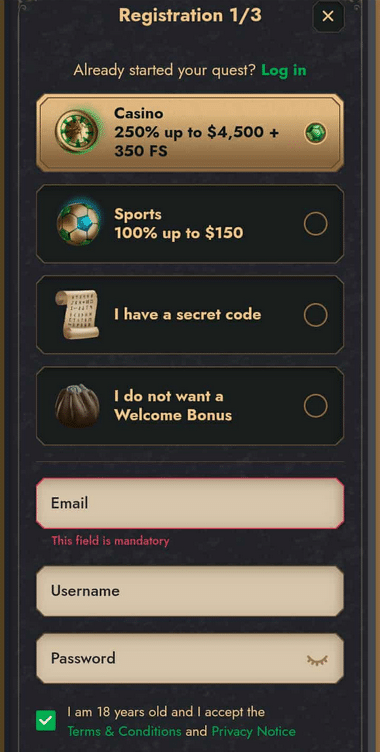 AMATIC Casinos Registration Process Image 1