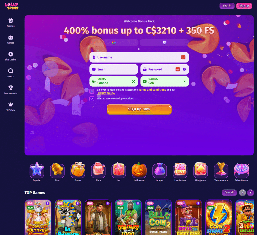 LollySpins Casino Desktop Preview 1