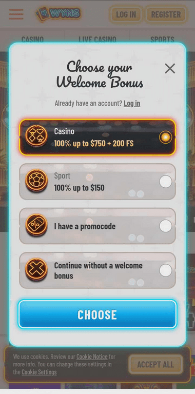 Wyns Casino Registration Process Image 1