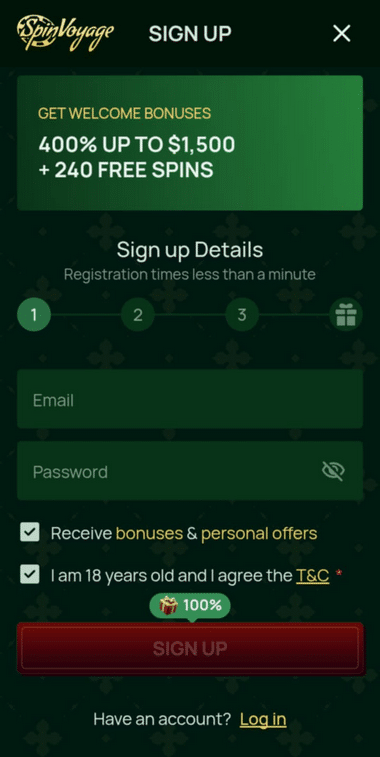 SpinVoyage Casino Registration Process Image 1