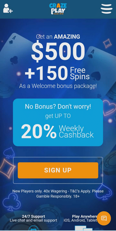 CrazePlay Casino Mobile Preview 2