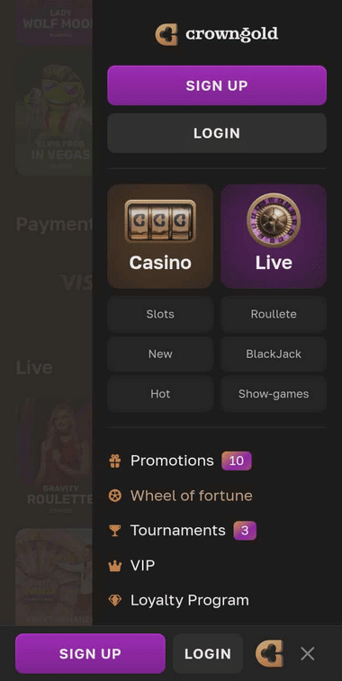 CrownGold Casino Mobile Preview 1