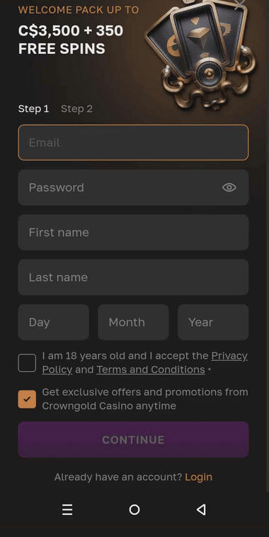 CrownGold Casino Registration Process Image 1